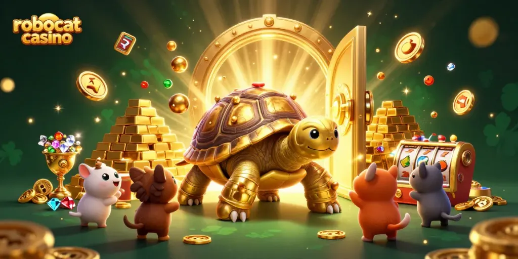 Experience exciting gameplay at Robocat Casino with a vibrant 3D illustration of a golden tortoise and treasure.