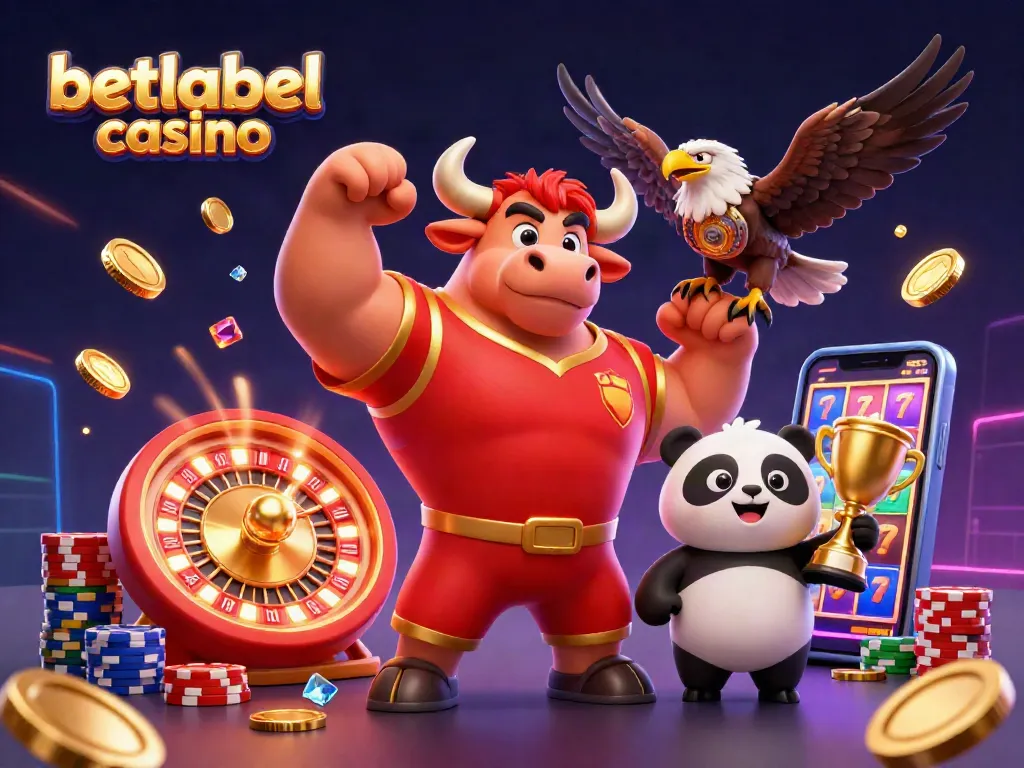Engaging celebration scene at betlabel casino with a muscular bull, eagle, and panda amid casino games and gold coins.