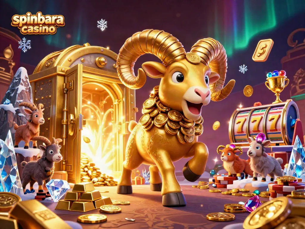 Experience the thrill of Spinbara Casino with vibrant, golden ram charging through riches in this dynamic scene.