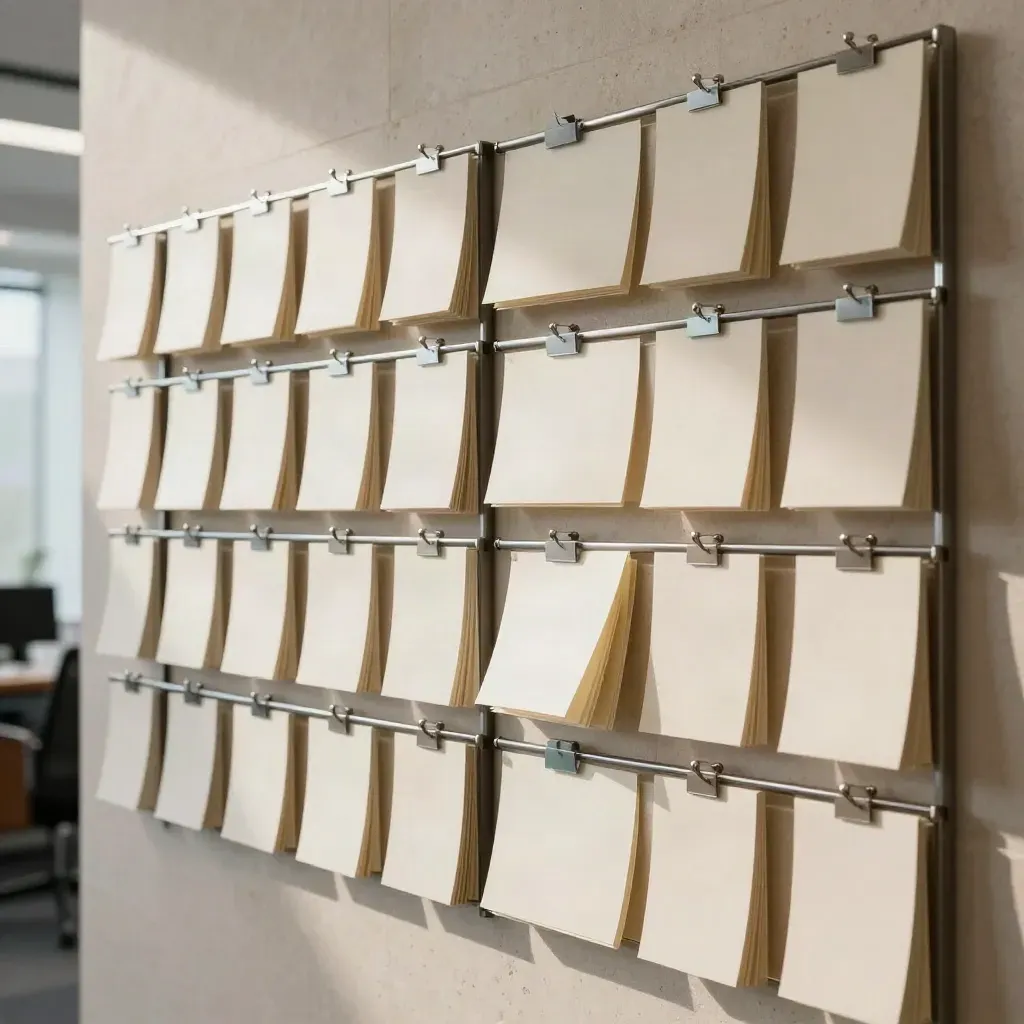 Muro editorial de ofertas de empleo con tarjetas, rieles metálicos y sobres apilados en oficina moderna.
