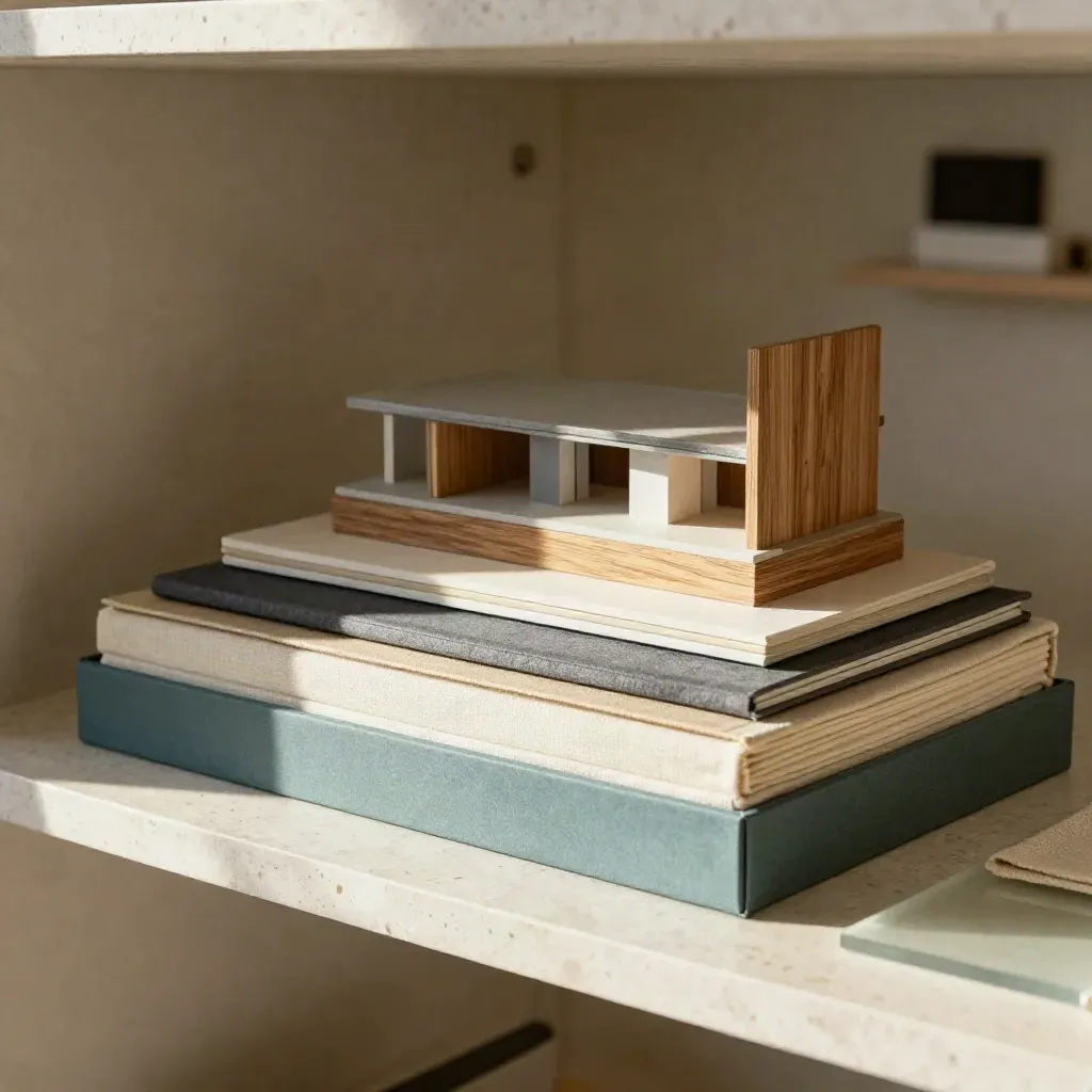 Estantería con maqueta, muestras de material y caja de marca en luz cálida.