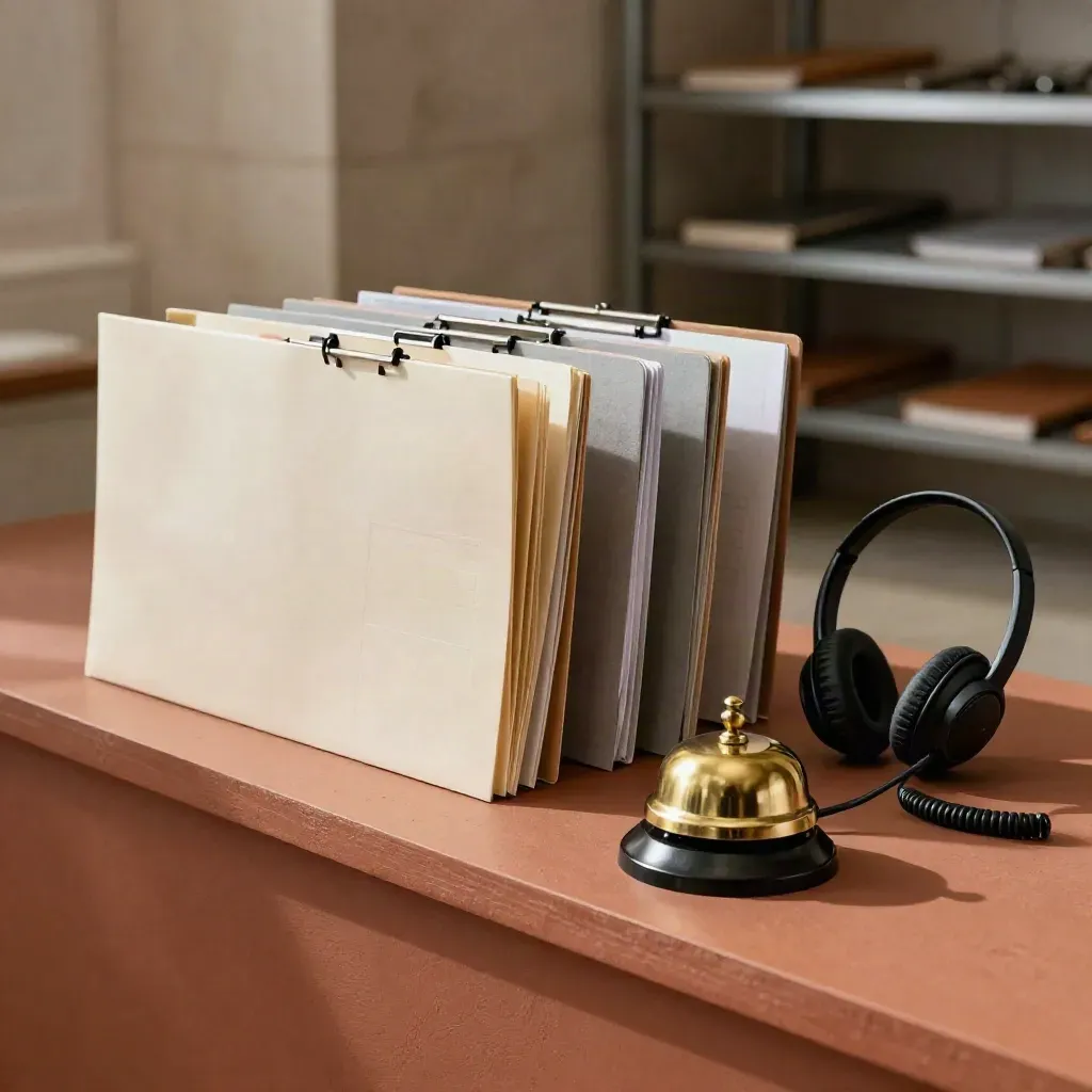Kit de selección laboral ordenado sobre terracota, con luz cálida y estilo editorial.