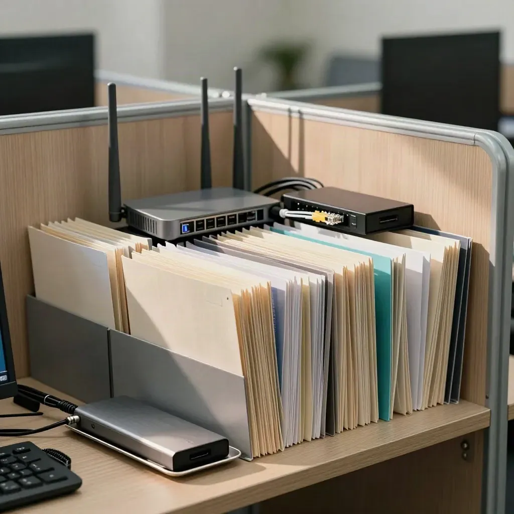 Estantería de oficina tecnológica con carpetas, routers y cajas listas para recibir candidaturas