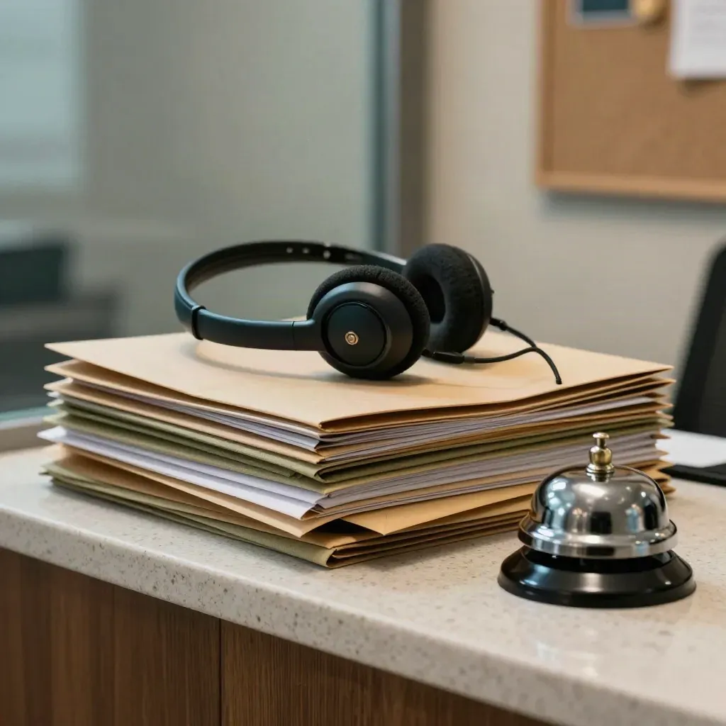 Kit de entrevista sobre una repisa: auriculares, sobre sellado, carpeta y timbre.