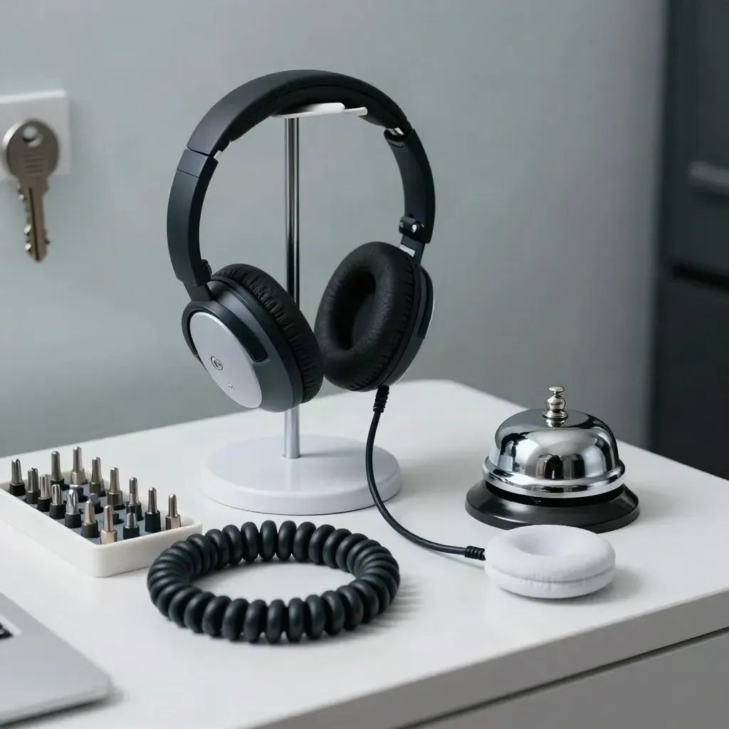 Cluster de soporte técnico con auriculares, cable enrollado, piezas de reparación y timbre blanco.