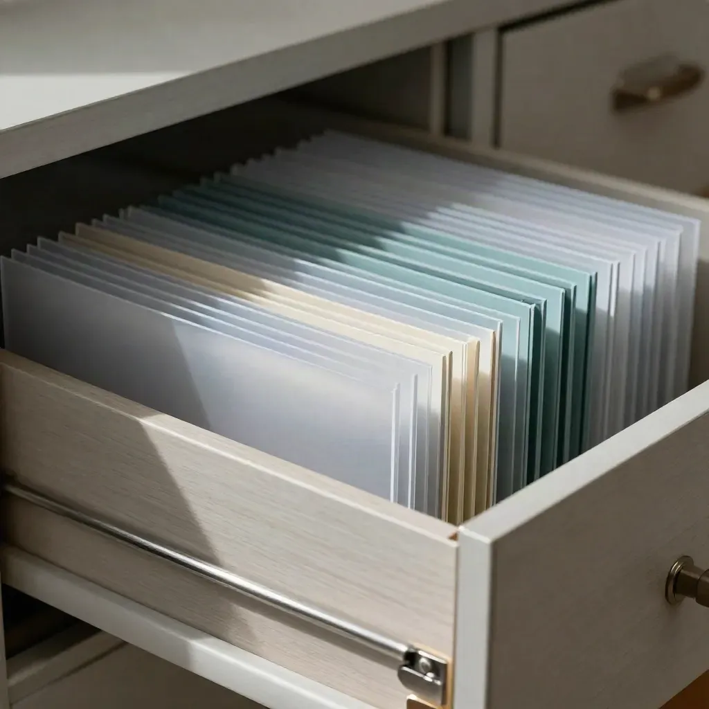 Archivador de perfiles con pestañas alineadas y separadores sobre madera clara, luz lateral suave.