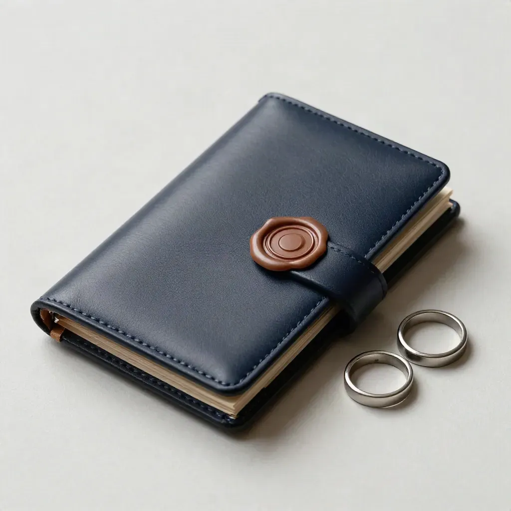Carpeta cerrada con broche, sello y aro sobre fondo claro, estilo minimalista.