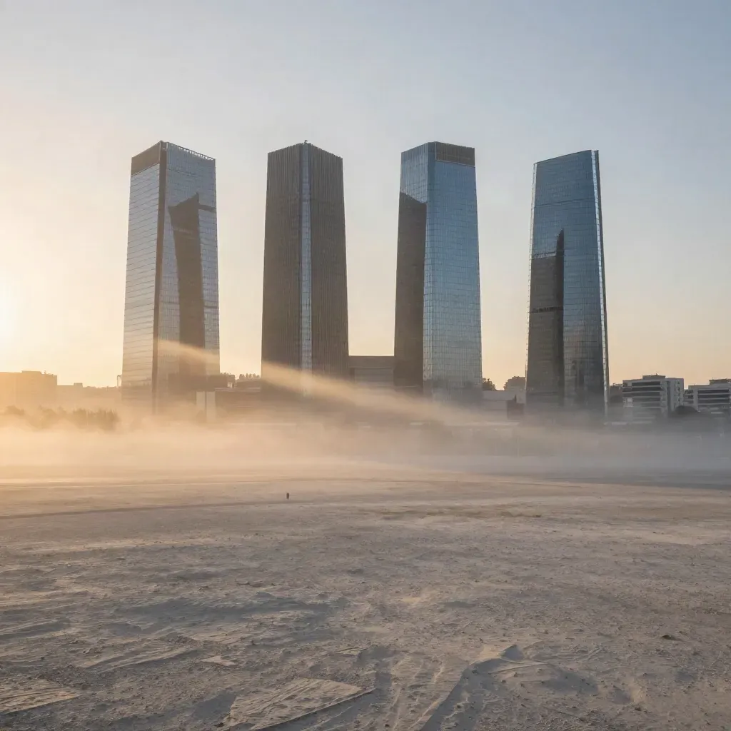 Cuatro Torres de Madrid al amanecer sobre una llanura clara y neblinosa