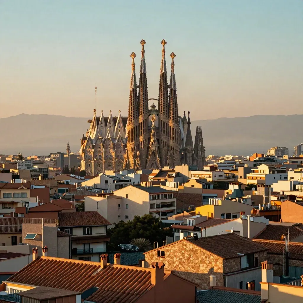 Skyline de Barcelona con la Sagrada Família entre bruma cálida y tejados al amanecer.