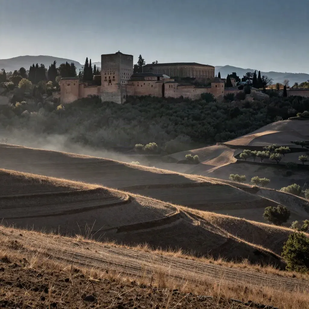 Silueta de la Alhambra sobre colinas de olivos en una neblina cálida.