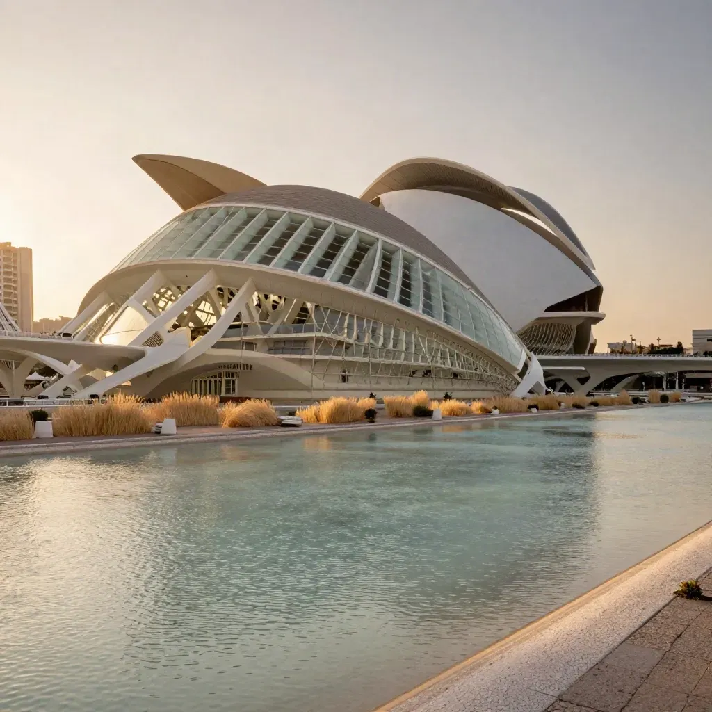 Ciudad de las Artes y las Ciencias de Valencia en luz dorada sobre llanos claros