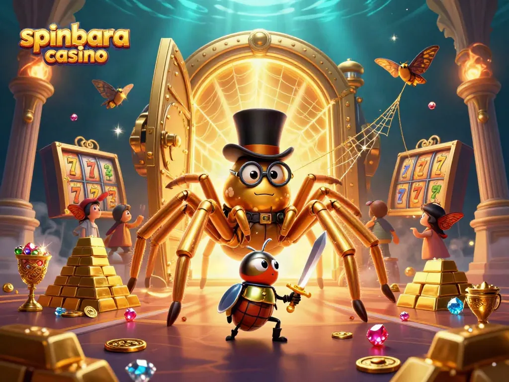 Engage with spinbara casino's vibrant scene featuring a giant golden tarantula weaving excitement through slot reels.