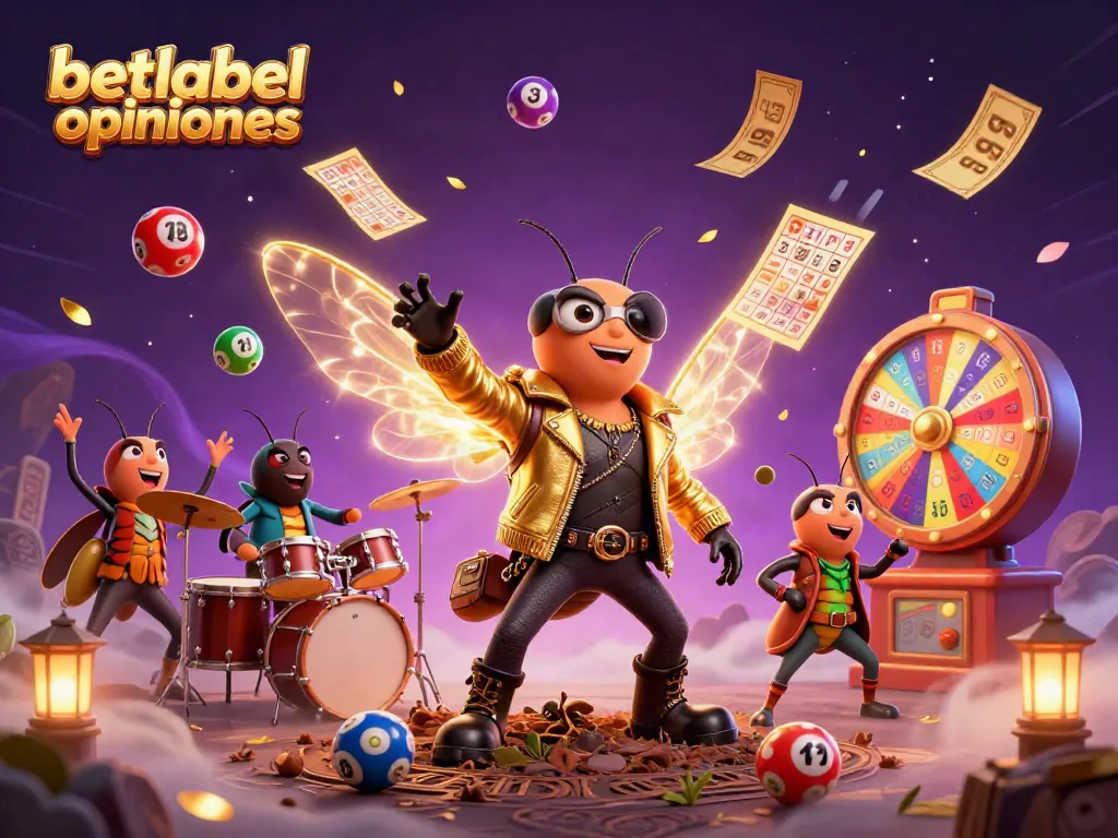 Engaging betlabel opiniones illustration featuring a rock star cicada and casino elements.